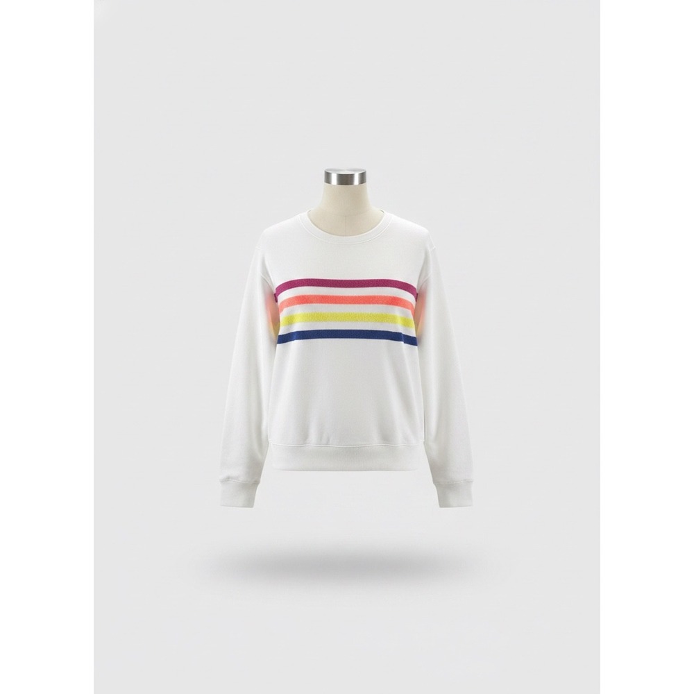 Lou & Grey Women White Chenille Rainbow Stripe French Terry Sweatshirt Small